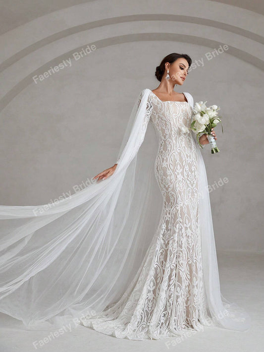 Faeriesty Elegant Square Neckline Long-Sleeve Mermaid Wedding Dress Bridal Gown with Sheer Organza Cape Detailing – Perfect for Church Ceremonies, Formal Galas, Destination Weddings, Luxurious Evening Receptions, and Grand Cathedral Celebrations