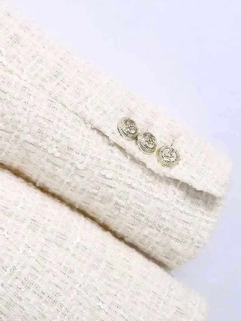 Women Fashion Tweed Double Breasted Blazer Coat Vintage Long Sleeve Flap Pockets Female Outerwear Chic Veste Femme