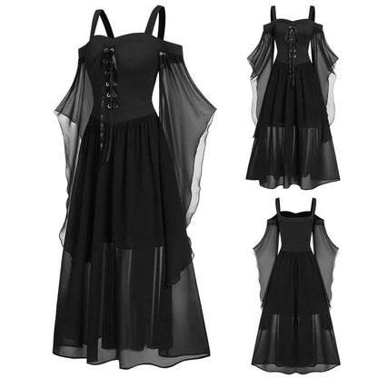 Women'S Rococo Civil War Dress plus Size Cold Shoulder Gothic Dresses for Ladies Zipper Steampunk Dress Gothic Style Sleeve Lace up Halloween Dress Black_A XXXXL