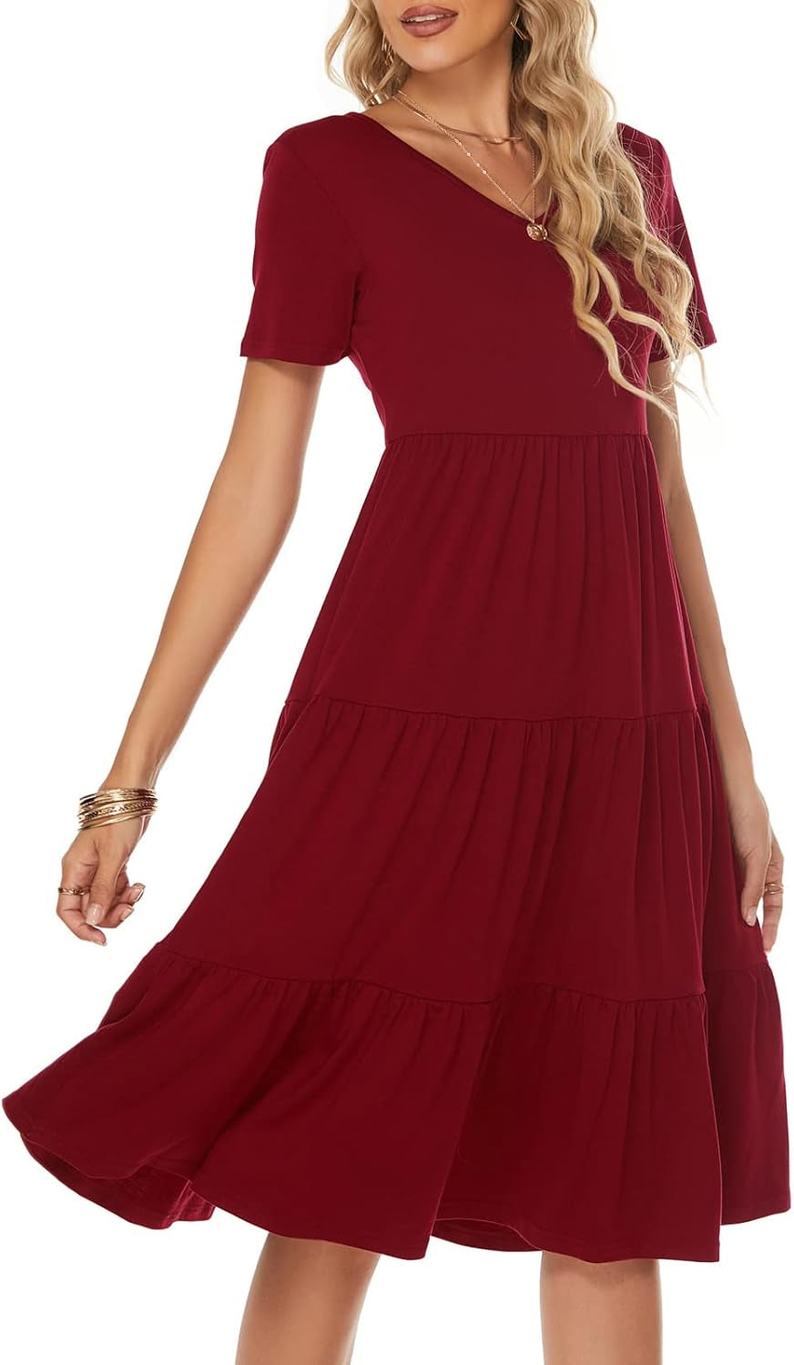 Women'S Casual Summer Tiered Midi Dress 2025 Short Sleeve V-Neck Loose Cotton Ruffle Babydoll Dress Boho Sundress