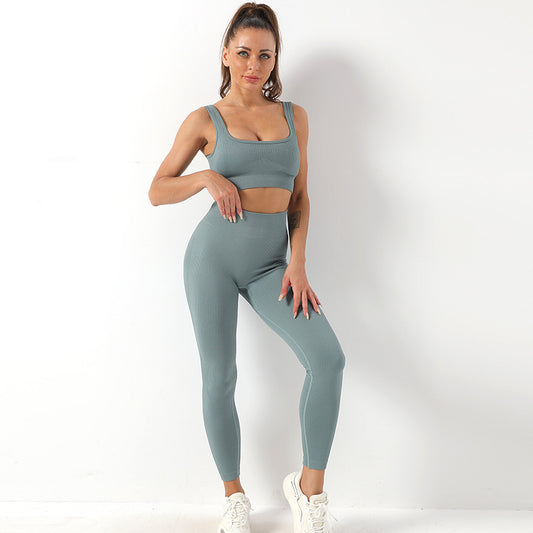 2 Pcs Thread Yoga Suit Seamless Bra and Butt Lifting High Waist Leggings Set for Women Sports Fitness Yoga Pants Sportswear Outfits Clothing