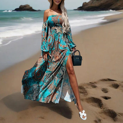 Women Off-The-Shoulder Long Sleeve A-Line Bohemian Beach High Slit Maxi Dress