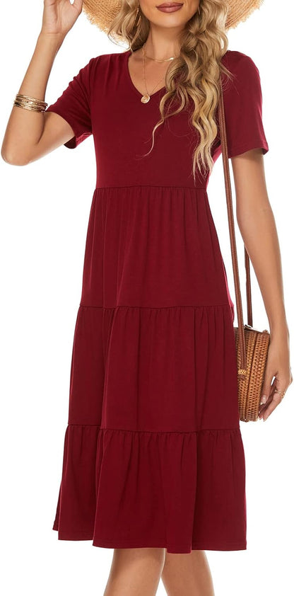 Women'S Casual Summer Tiered Midi Dress 2025 Short Sleeve V-Neck Loose Cotton Ruffle Babydoll Dress Boho Sundress