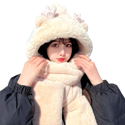 Dragon Horn Bear Hat Scarf One Female Winter Adult Gloves Cycling Thick Dragon Treasure 3-In-1 Small Antler Hat