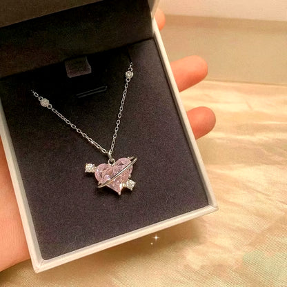 Fashion Pink Planet Heart Zircon Necklace Women Charm Aesthetic Clavicle Chain Necklace Valentines Day Gift Party Jewelry