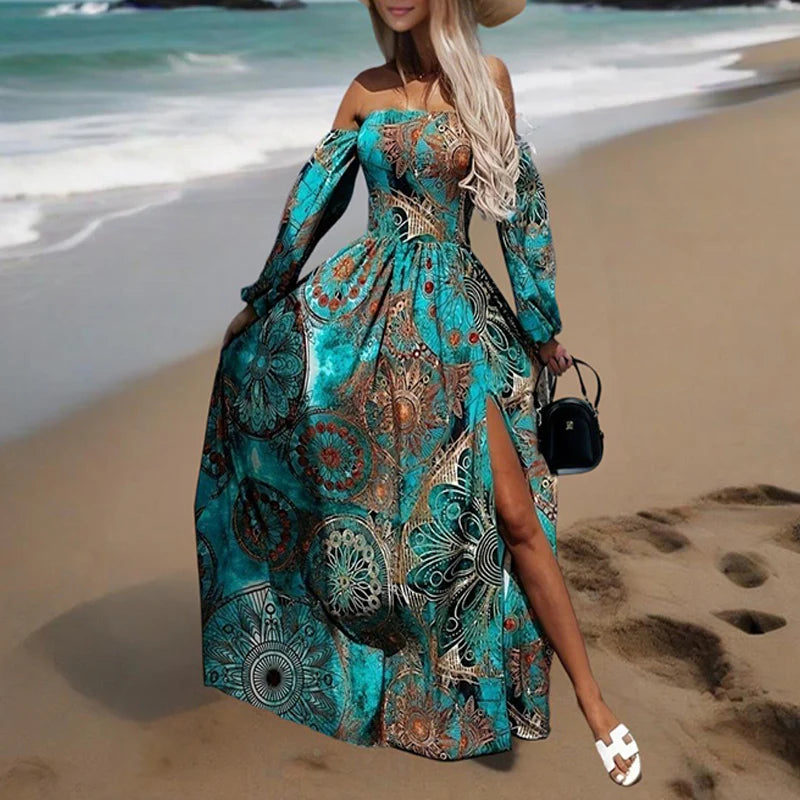 Women Off-The-Shoulder Long Sleeve A-Line Bohemian Beach High Slit Maxi Dress