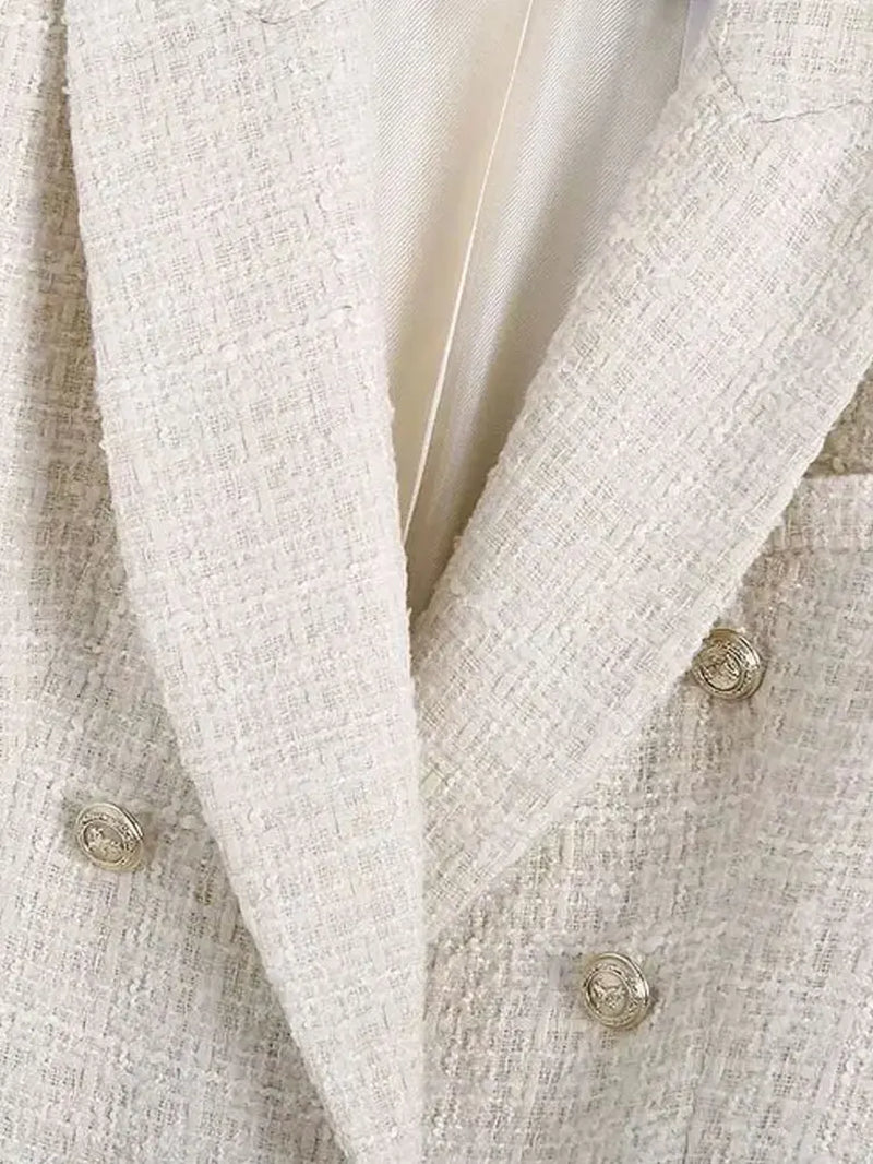 Women Fashion Tweed Double Breasted Blazer Coat Vintage Long Sleeve Flap Pockets Female Outerwear Chic Veste Femme
