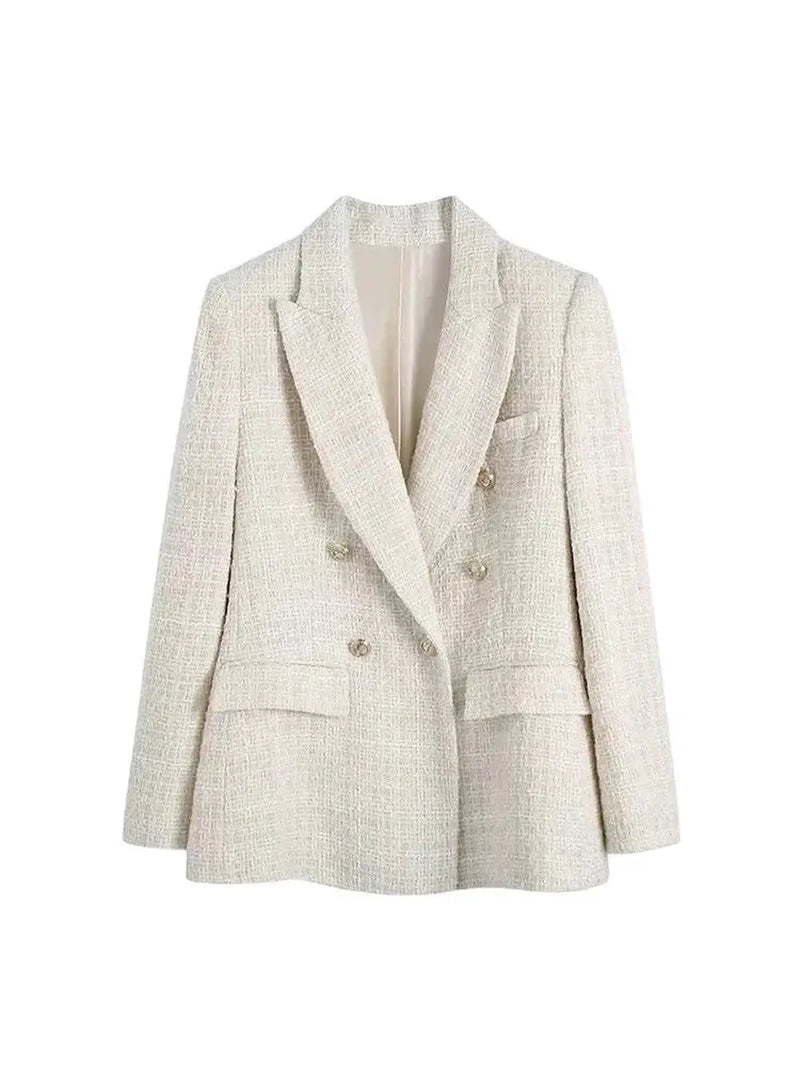 Women Fashion Tweed Double Breasted Blazer Coat Vintage Long Sleeve Flap Pockets Female Outerwear Chic Veste Femme