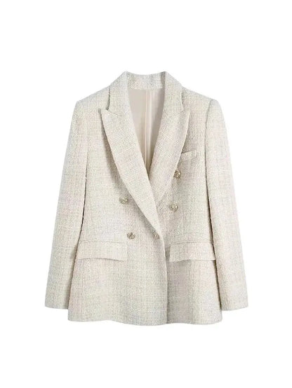 Women Fashion Tweed Double Breasted Blazer Coat Vintage Long Sleeve Flap Pockets Female Outerwear Chic Veste Femme