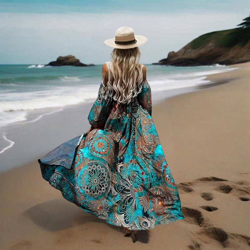 Women Off-The-Shoulder Long Sleeve A-Line Bohemian Beach High Slit Maxi Dress