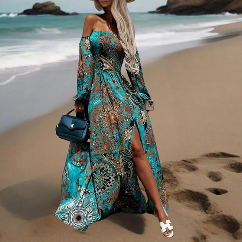 Women Off-The-Shoulder Long Sleeve A-Line Bohemian Beach High Slit Maxi Dress