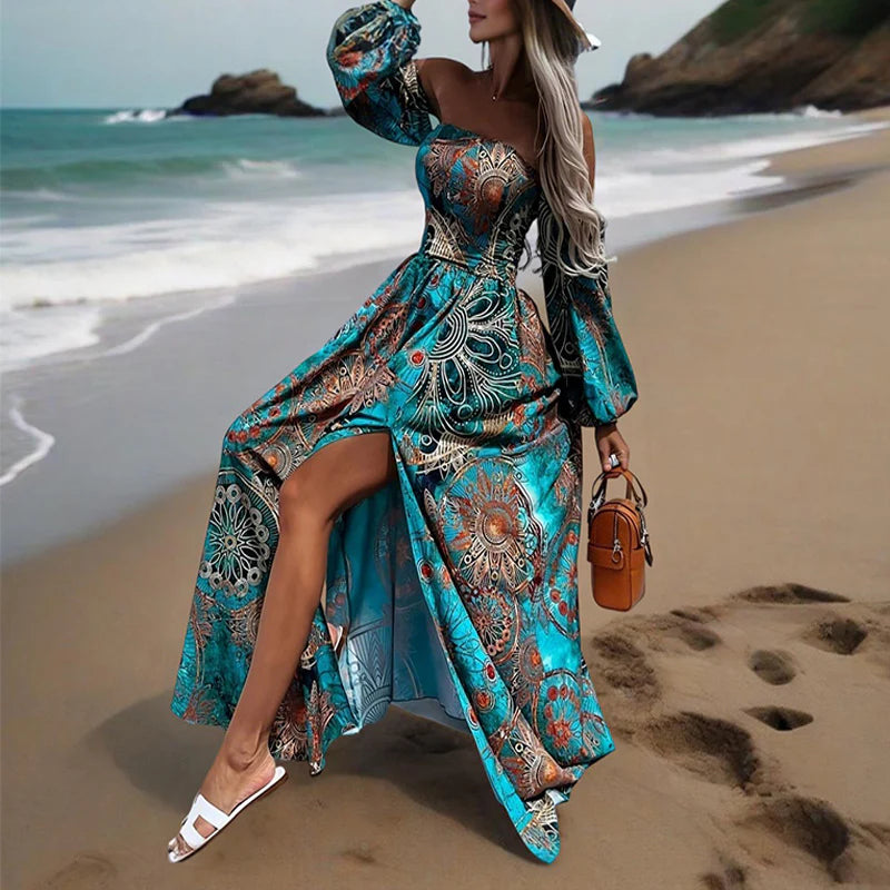 Women Off-The-Shoulder Long Sleeve A-Line Bohemian Beach High Slit Maxi Dress